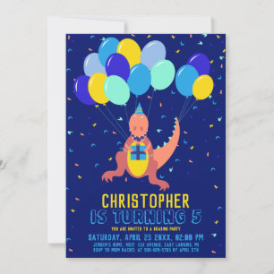 Dinosaur Blue Yellow Balloon Confetti Boy Birthday Invitation