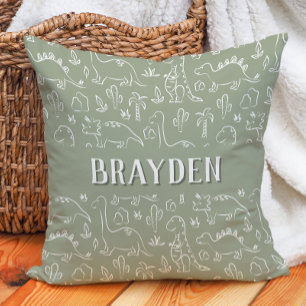Dinosaur Boho Boy Name Dino Cute Earthy Sage Green Cushion