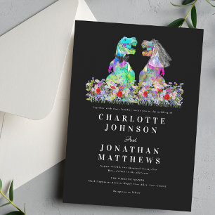 Dinosaur Boho Wildflower Black & White Wedding Invitation