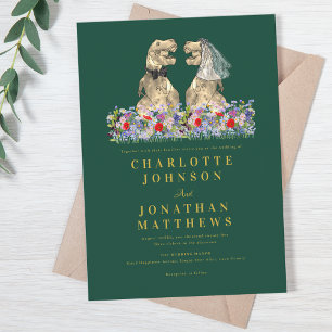 Dinosaur Boho Wildflower Green & Gold Wedding Invitation