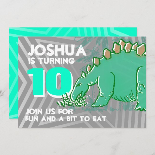 Dinosaur boy 10th birthday green grey invitation (Front/Back)