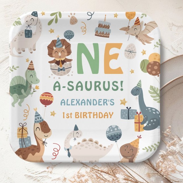 Dinosaur Boy 1st Birthday One A-Saurus Party Paper Plate (Creator Uploaded)