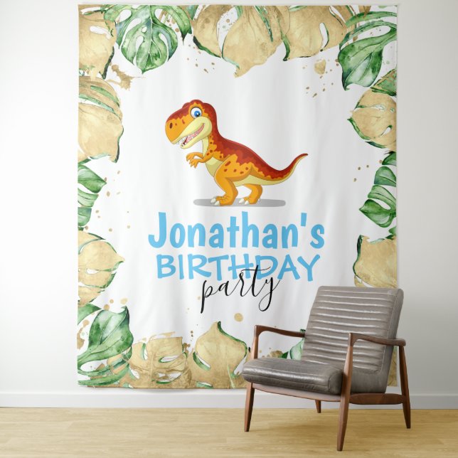 Dinosaur Boy BIRTHDAY Blue Backdrop Tapestry (In Situ)