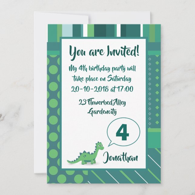 Dinosaur boy birthday  invitation in green/blue (Front)