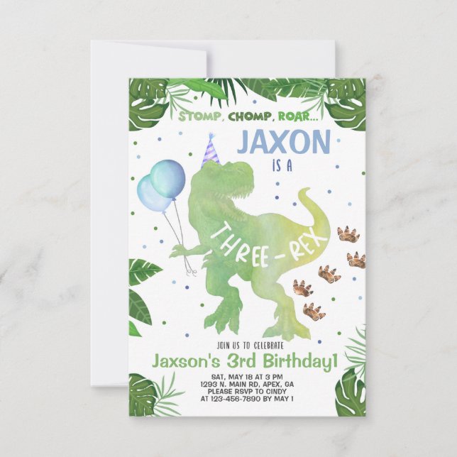 Dinosaur boy birthday invitation, Three-Rex invite (Front)