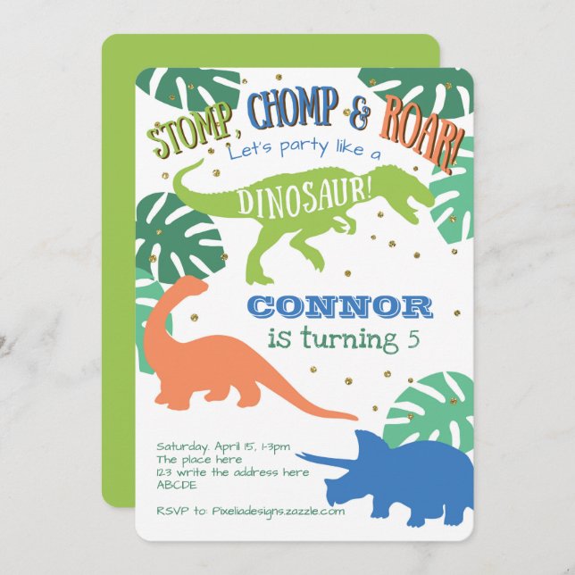 Dinosaur, Boy Birthday Party, Green, Blue Birthday Invitation (Front/Back)