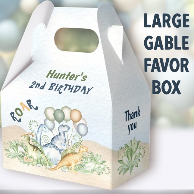 Dinosaur Boy Blue Green 1st 2nd Birthday Large Favour Box (Dinosaur Boy Large Gable Favor Boxes - You can choose from 3 sizes of these gable favor boxes)