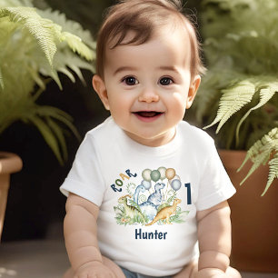 Dinosaur Boy Blue Green Name 1st Birthday Baby T-Shirt