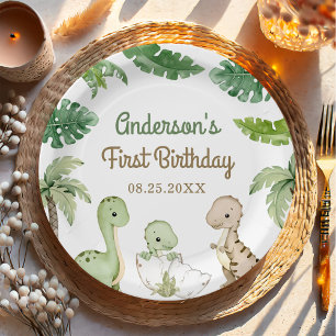 Dinosaur Boy Green 1st Birthday Paper Plate