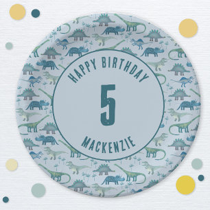 Dinosaur Boy Kids Birthday Party Blue Paper Plate