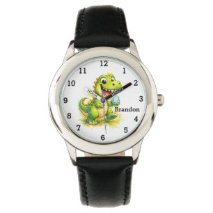Dinosaur Boy Modern Green Trex Custom Name Kids Watch