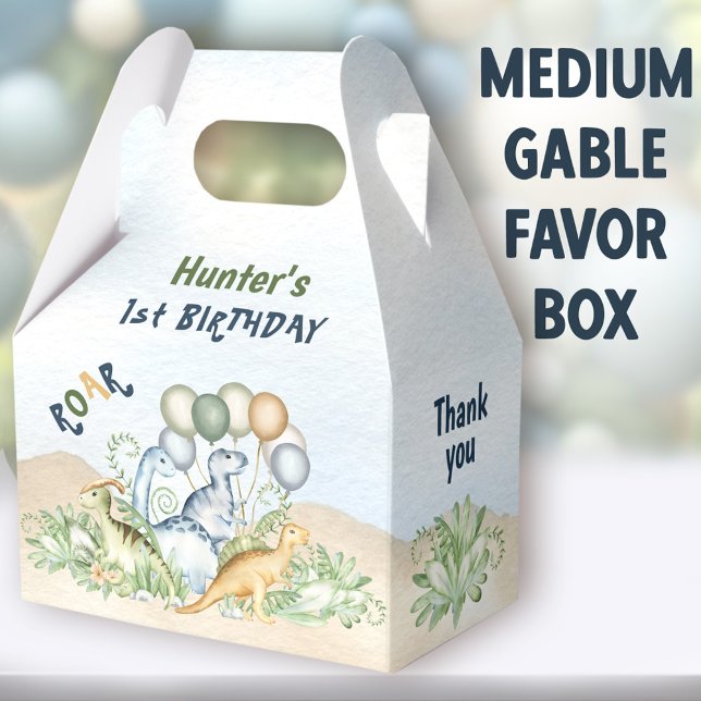 Dinosaur Boy Pastel Blue Green 1st Birthday Medium Favour Box (Dinosaur Boy Medium Gable Favor Boxes - You can choose from 3 sizes of these gable favor boxes)