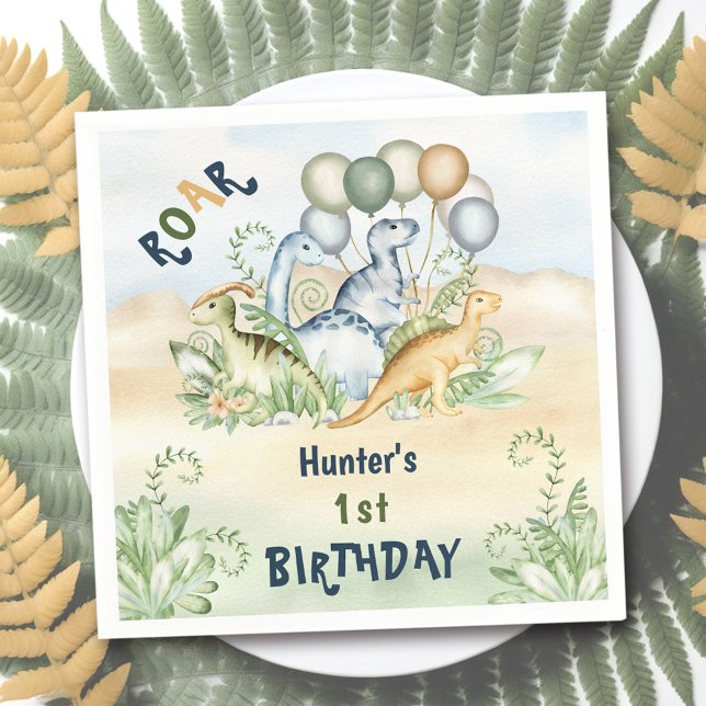 Dinosaur Boy Pastel Blue Green 1st Birthday Napkin (Dinosaur Boy Pastel Blue Green 1st Birthday Napkins)