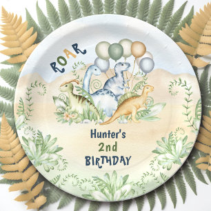 Dinosaur Boy Pastel Cute Blue Green 2nd Birthday Paper Plate