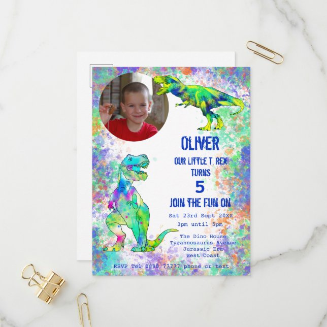 Dinosaur Boys 5th Birthday Colourful T Rex Photo I Invitation Postcard (Front/Back In Situ)