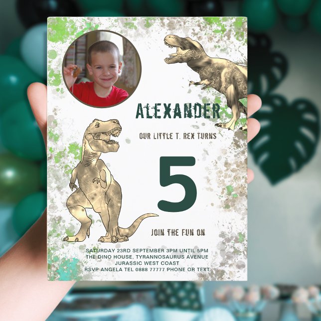 Dinosaur Boys Birthday Party Photo Invitation Postcard (Dinosaur jungle 5th birthday party photo template budget postcard invitation green and brown)
