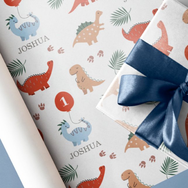 Dinosaur Boys First 1st Birthday Wrapping Paper (Creator Uploaded)