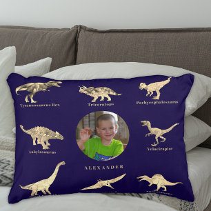 Dinosaur Boys Personalized Name and Photo Blue Decorative Cushion