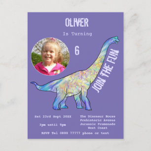 Dinosaur Brachiosaurus Girls Birthday Purple Photo Invitation Postcard