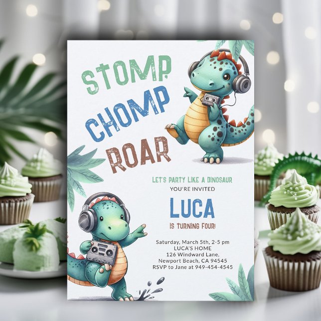 Dinosaur Break Dance Stomp Chomp Roar Boy Birthday Invitation (dinosaur boy birthday party dino stomp chomp roar funny watercolor music dance prehistoric wild)