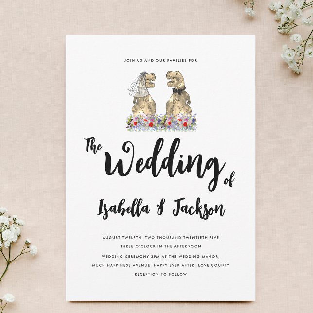 Dinosaur Bride and Groom Boho Wildflower Wedding Invitation (Boho wildflower Dinosaur theme wedding invitation with funny T-Rex bride and groom)