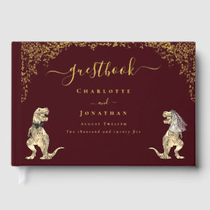 Dinosaur Bride and Groom Burgundy Wedding Gold Guest Book
