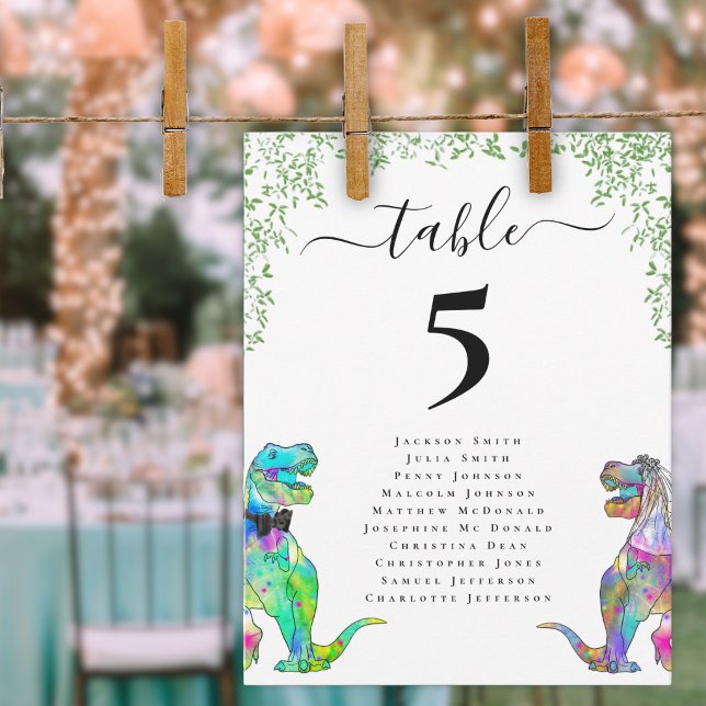 Dinosaur Bride and Groom Custom Wedding (Funny Dinosaur bride and groom custom wedding seating chart Watercolor foliage colorful T-Rex dinos)