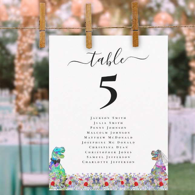 Dinosaur Bride and Groom Custom Wedding (Dinosaur bride and groom custom wedding place seating chart watercolor Wildflower meadow florals)