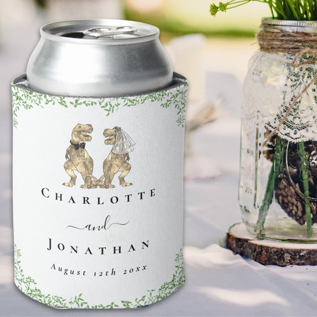 Dinosaur Bride and Groom Custom Wedding  Can Coole Cooler (Funny T-Rex bride and groom dinosaur wedding custom can cooler elegant script watercolor foliage)