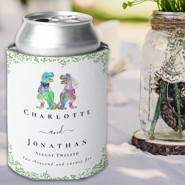 Dinosaur Bride and Groom Custom Wedding  Can Coole Cooler (Funny Dinosaur bride and groom custom wedding can coolers watercolor foliage )
