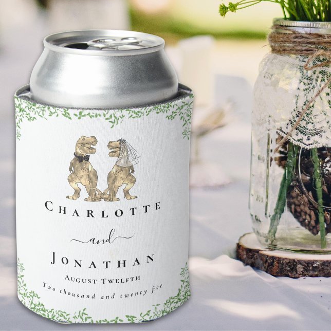 Dinosaur Bride and Groom Custom Wedding  Can Cooler (Dinosaur bride and groom custom wedding can cooler T-Rex dino watercolor eucalyptus foliage)