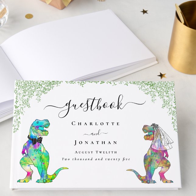 Dinosaur Bride and Groom Custom Wedding Guest Book (Funny Dinosaur bride and groom custom wedding guestbook Watercolor foliage colorful T-Rex Dino)