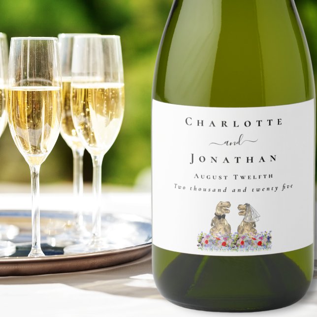 Dinosaur Bride and Groom Custom Wedding Sparkling Wine Label (Dinosaur themed wedding T-Rex bride & groom colorful wildflower floral  custom sparkling wine labels)