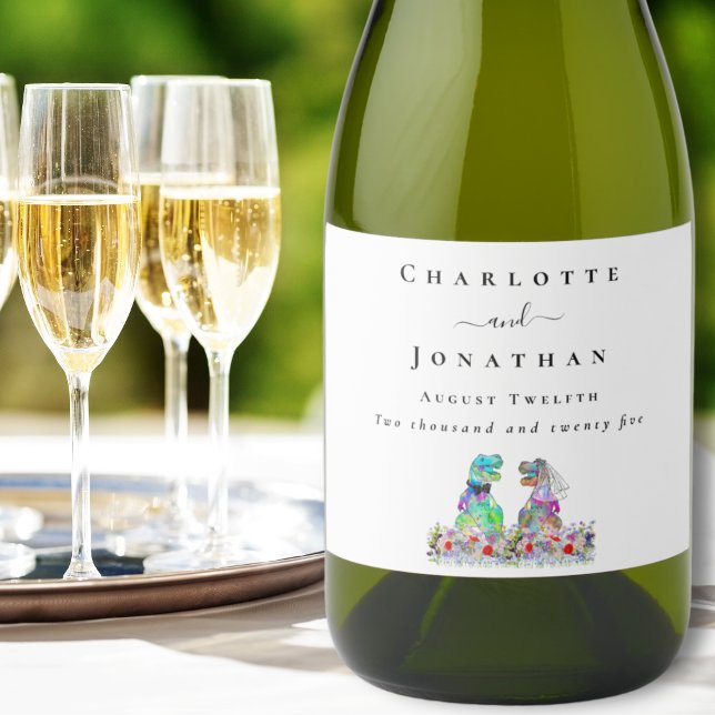 Dinosaur Bride and Groom Custom Wedding Sparkling Wine Label (Dinosaur themed wedding T-Rex bride & groom colorful watercolor floral  custom sparkling wine labels)