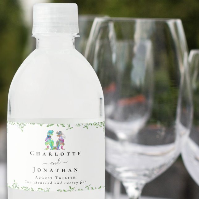 Dinosaur Bride and Groom Custom Wedding Water Bottle Label (T-Rex bride and groom dinosaur wedding colorful custom wine labels Watercolor foliage)