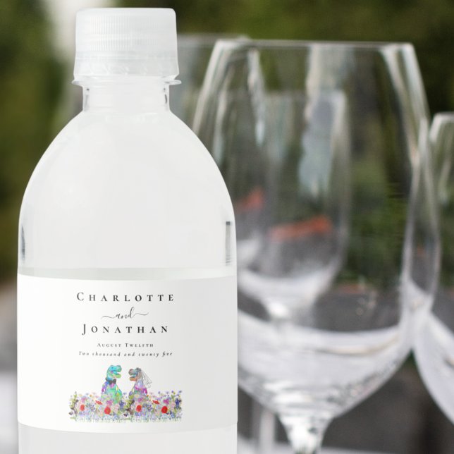 Dinosaur Bride and Groom Custom Wedding Water Bottle Label (T-Rex bride and groom dinosaur wedding colorful wildflower custom water bottle labels)