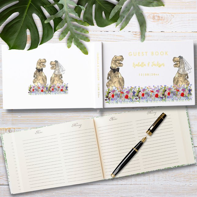 Dinosaur Bride and Groom Floral Wedding Gold Guest Book (Dinosaur bride and groom Jurassic watercolor floral gold foil dino wedding guest book)