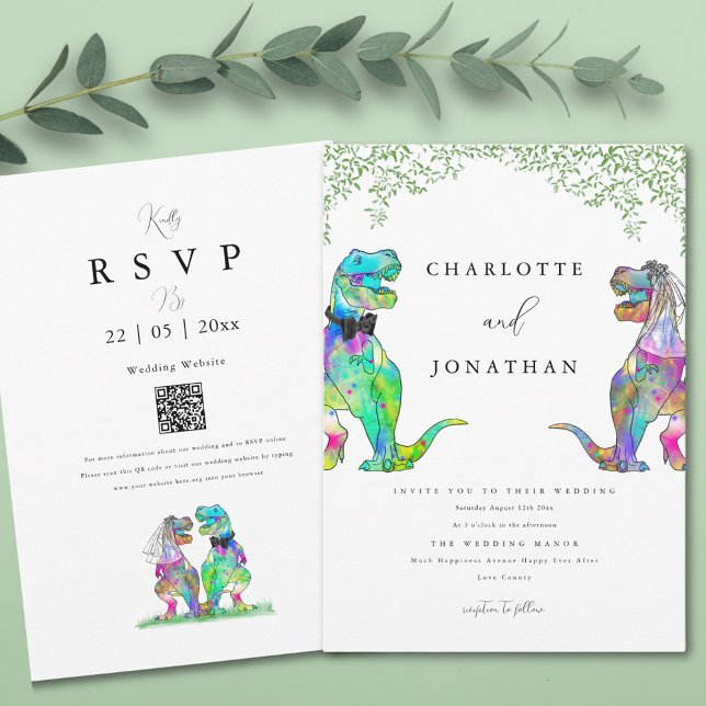 Dinosaur Bride and Groom Greenery Wedding Invitation (Boho dinosaur wedding invitation with watercolor eucalyptus foliage and qr code)