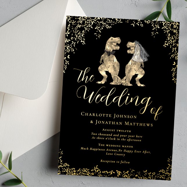 Dinosaur Bride and Groom Wedding Black and Gold (Elegant Dinosaur theme wedding black and gold foil eucalyptus foliage invitation)