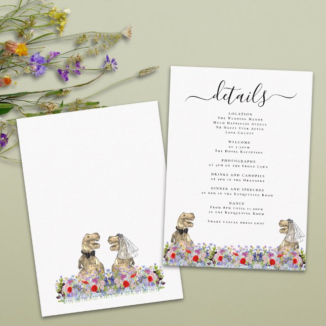 Dinosaur Bride and Groom Wedding Details Enclosure Card (T-Rex bride and groom funny dinosaur wedding details enclosure card Watercolor wildflower florals)