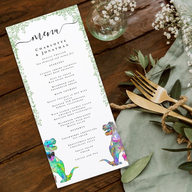 Dinosaur Bride and Groom Wedding Menu (Colorful dinosaur bride and groom custom wedding menu with watercolor Jurassic jungle foliage)