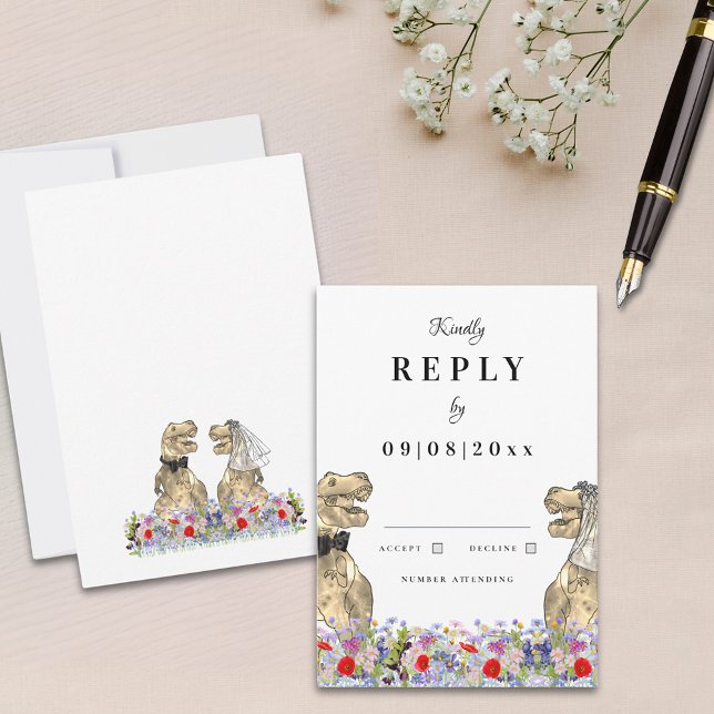 Dinosaur Bride and Groom Wedding Reply RSVP Card (Dinosaur wedding reply boho wildflower invitation rsvp enclosure card)