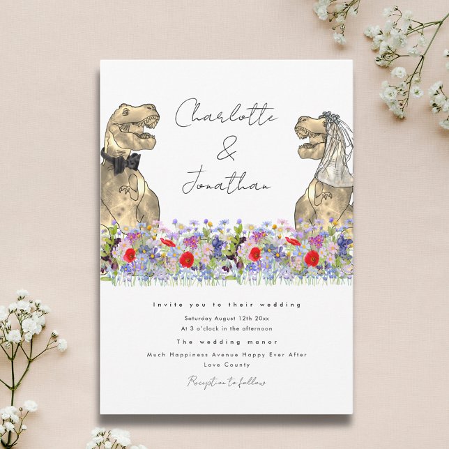 Dinosaur Bride and Groom Wildflower Invitation (Dinosaur theme wildflower wedding invitation with watercolor florals & fun dinosaur bride and groom)