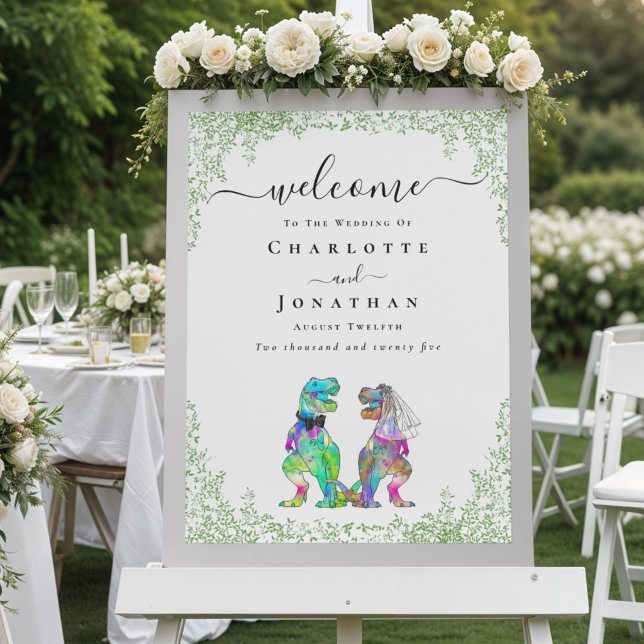 Dinosaur Bride & Groom Custom Wedding Welcome Poster (Colorful Dinosaur bride and groom custom wedding welcome poster Watercolor foliage T-Rex dino couple)