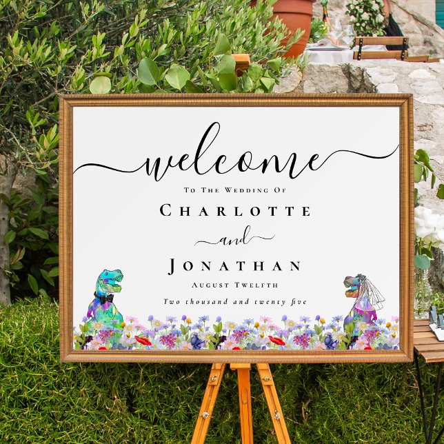 Dinosaur Bride & Groom Custom Wedding Welcome Poster (Funny T-Rex Dinosaur bride & groom custom wedding welcome poster Vibrant colorful wildflower florals)