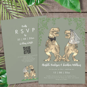 Dinosaur Bride & Groom Sage Green Wedding QR Code  Invitation