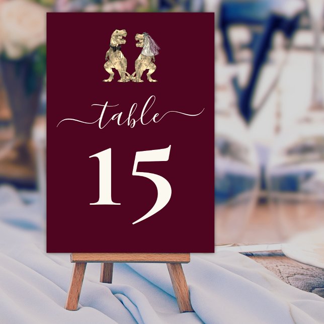 Dinosaur Bride & Groom Wedding Burgundy & Cream Table Number (Dinosaur wedding burgundy & cream custom table number card elegant modern script T-Rex bride & groom)