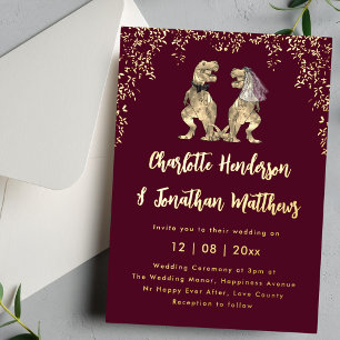 Dinosaur Bride & Groom Wedding Burgundy & Gold