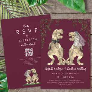 Dinosaur Burgundy Blush Pink Wedding QR Code  Invitation