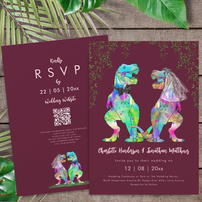 Dinosaur Burgundy Blush Pink Wedding QR Code  Invitation (Colorful T-Rex bride and groom dinosaur burgundy blush pink wedding qr code invitation)